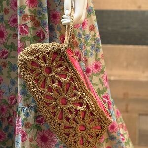 MudPie Straw Woven Floral Cutout Wristlet with Pink Lining